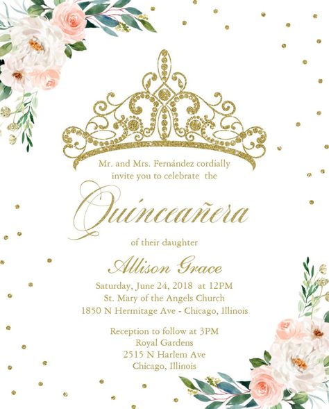 Budget Quinceanera Invitation Bilingual Tiara Budget Quinceanera, Quinceanera Invitation, Cheap Gowns, Hot Pink Floral, Gold Tiara, Royal Garden, Quinceanera Invitations, 15th Birthday, Purple Lilac