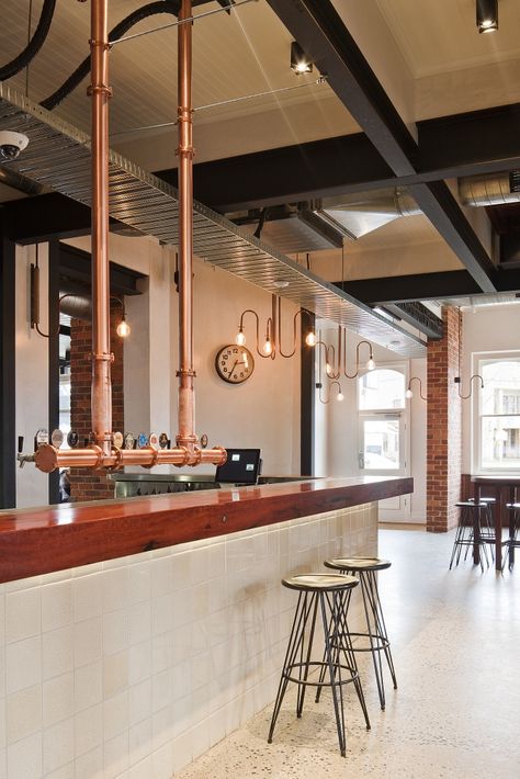 Beatrix Rowe Interiors _ The American — Shannon McGrath Bar Tap Ideas, Echuca Victoria, Industrial Pub, Industrial Theme, Brewery Bar, Brewery Design, Copper Pipes, Pub Interior, Bar Tap