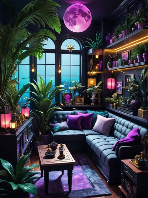 Vaporwave Interior Design, Vaporwave House Decor, Synthwave Living Room, Bedroom Cyberpunk Interior Design, Cyberpunk Decor Futuristic Interior, Cyberpunk Luxury Apartment, Dream House Aesthetic, Colorful Room Decor, Cabin Art