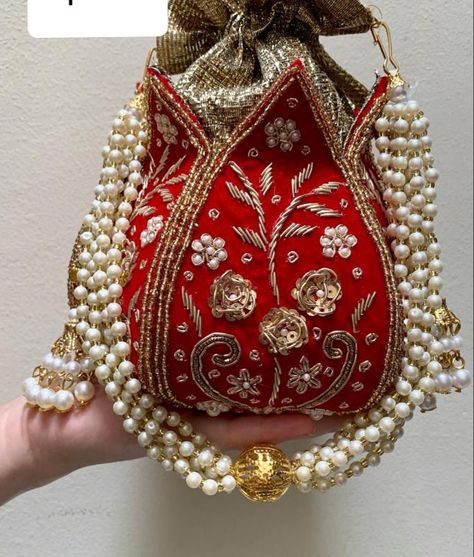 Lotus Potli Bag, Bridal Potli Bags, Red Lotus, Potli Bag, Bridal Handbags, Textile Bag, Sewing Crafts Tutorials, Zipper Purse, Potli Bags