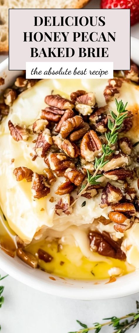 Image for Delicious Honey Pecan Baked Brie Oven Baked Brie Cheese, Honey Nut Baked Brie, Brie Sourdough Bowl, Brie With Honey And Pecans, Brie And Honey Appetizer, Wrapped Brie Recipes, Baked Brie Recipes Honey, Brie Recipes Honey, Baked Brie Wedge