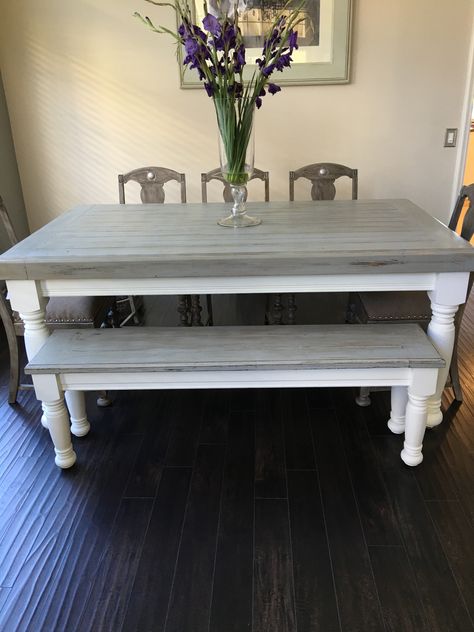 Farmhouse table with light grey base and distressed dark grey top.  4x4's and 4x6's were used to build the top.  Matching bench for more seating. Grey Farmhouse Table, Refurbished Table, Farmhouse Table Plans, Diy Farmhouse Table, Coffee Table Farmhouse, The Dining Room, Farmhouse Dining Room, Farmhouse Dining, Redo Furniture