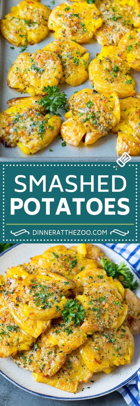 These smashed potatoes are baby potatoes that are boiled until tender, then smashed flat, topped with garlic and herb butter, and roasted until crispy and browned. Garlic And Herb Butter, Smashed Potatoes Recipe, Marinated Pork Chops, Crispy Smashed Potatoes, Friends Recipes, Fantastic Recipes, Sides Recipes, Vegetable Side Dishes Recipes, Potato Recipes Side Dishes