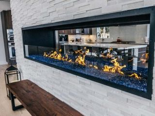 gallery-see-through-custom-gas-open-fireplace-residential-home Double Sided Gas Fireplace, Fireplace Photo, Fireplace Drawing, Dream Fireplace, Fireplace Gallery, Natural Gas Fireplace, Indoor Outdoor Fireplaces, Get Design, Linear Fireplace