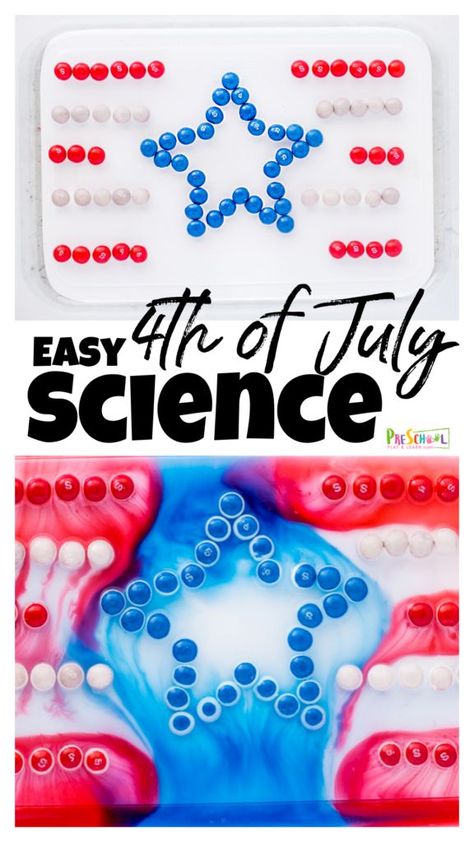 My kids love themed activities almost as much as they love candy science! This red white and blue science project combines them both for colorful, fun independence day activities that explore how things dissolve. This fourth of July science allows kids to have fun learning a simple science principle while having some fun with 4th of July activities for toddler, preschool, pre-k, kindergarten, first grade, and 2nd graders. Fourth Of July Prek Activities, Independence Day Activities For Toddlers, July Lesson Plans Preschool, Fourth Of July Crafts For Kids Preschool, 4th Of July Science Experiments, 4th Of July Activities For Kids, 4th Of July Science, Usa Activities, Red White And Blue Candy