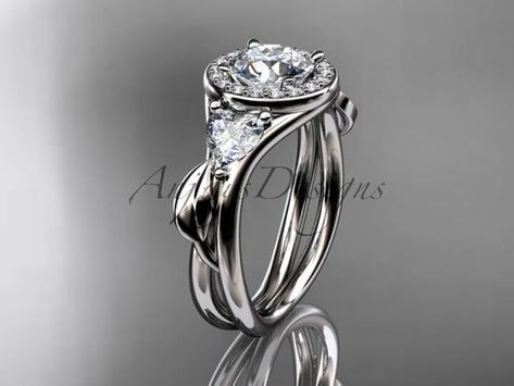 Leaf Engagement Ring - 14kt white Gold Diamond Unique Engagement Ring - Wedding Ring ADLR314 by AnjaysDesigns Leaf Engagement Ring, White Gold Diamond Engagement Ring, Diamond Engagement Wedding Ring, Wedding Rings Halo, Engagement Wedding Ring Sets, Unique Engagement Ring, Engagement Rings Platinum, Forever One Moissanite, Heart Shaped Rings