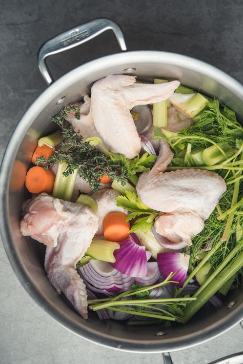 This chicken stock is super easy because it's made with flavorful chicken wings! Load your stock with vegetables and simmer low for 2 1/2 hours for perfect homemade broth. | thefrayedapron.com #chickenrecipes #soup #mealprep #paleo #whole30 Turkey Stock Recipe, Chicken Soup Base, Chicken Soup Recipes Easy, Easy Chicken Soup, Chicken Stock Recipe, Stock Recipes, Homemade Chicken Stock, Turkey Stock, Chicken Noodle Soup Homemade