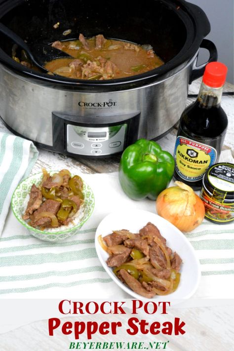 Crock Pot Pepper Steak is a flavorful Chinese food favorite combining strips of steak, bell peppers, onions, garlic, and with traditional Chinese flavors. #ChineseFood #Steak #PepperSteak #BeefRecipes #CrockPotRecipes Crock Pot Pepper Steak, Peper Steak, Crockpot Pepper Steak, Chinese Pepper Steak, Crockpot Stuffed Peppers, Crockpot Steak, Pepper Steak Recipe, Slow Cooker Stuffed Peppers, Crockpot Recipes Beef