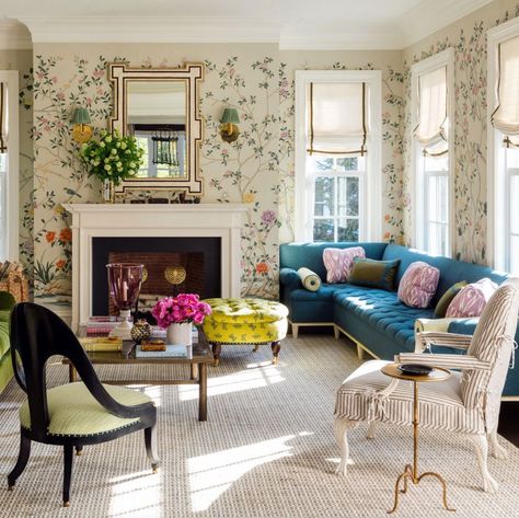 Décor Inspiration | Interior Designer: Ashley Whittaker & a Spring-like Home in Connecticut - colours and textures, balloon shades and tufted velvet, fringed skirted tables, chinoiserie and Prussian blue... Ashley Whittaker Design, Ashley Whittaker, Cottage Style Bedrooms, Design Salon, Beautiful Interior Design, A Living Room, Eclectic Home, Beautiful Interiors, Interior Design Inspiration