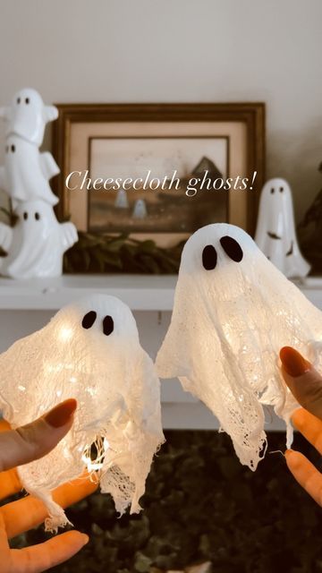 Diy Halloween Ghost Decorations, Cheesecloth Ghost Diy, Rachel Iwanyszyn, Diy Halloween Ghosts, Cheesecloth Ghost, Halloween Lamps, Splash Of Water, Felt Eyes, Fabric Stiffener