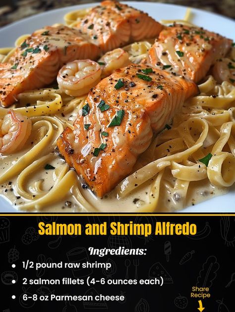 Shrimp And Salmon Alfredo, Salmon And Shrimp Alfredo, Salmon Alfredo, Raw Shrimp, Recipe Salmon, Fettuccine Noodles, Recipes Shrimp, Salmon And Shrimp, Shrimp Alfredo