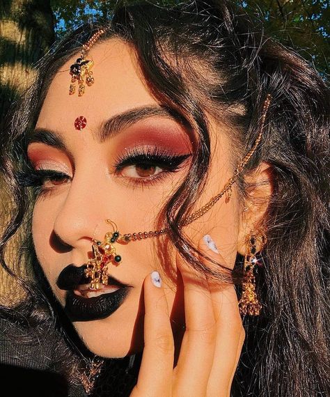 Desi goth 🖤🦇 ( @saharayar ) . . 🌹Follow us for more desi content if viewing on explore🌹 Gothic Culture, Gothic Themes, Goth Glam, Only One You, Black Lipstick, Red Makeup, Rich Burgundy, Edgy Makeup, Goth Makeup