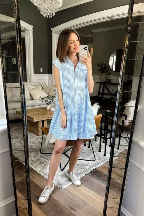 Dive into the season with this stunning casual summer outfit perfect for brunch with friends or a picnic! The blue collared dress, with its airy fabric and flattering silhouette, is the epitome of summer ease. Paired with some cute white sneakers, it strikes the perfect balance between comfort and sophistication. Shop the entire outfit on Honest Darling's LTK! (includes affiliate links) Blue And White Striped Dress Outfit, White Striped Dress Outfit, Cute White Sneakers, Preppy Summer Outfit, Striped Dress Outfit, Blue Stripe Dress, Blue And White Striped Dress, Summer Wardrobe Staples, Preppy Summer Outfits