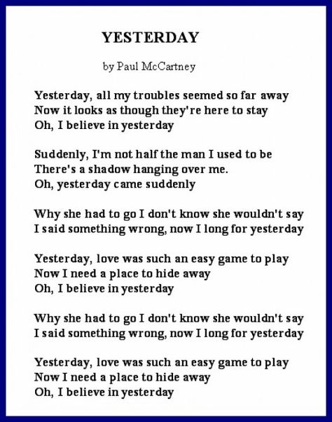 Divorce Song's Lyrics - Yesterday by Paul McCartney Yesterday Lyrics, Childhood Songs, Inspirational Song Lyrics, Lullaby Lyrics, Bohemian Images, Lullaby Songs, Positive Songs, Music Lyrics Art, Edmund Fitzgerald