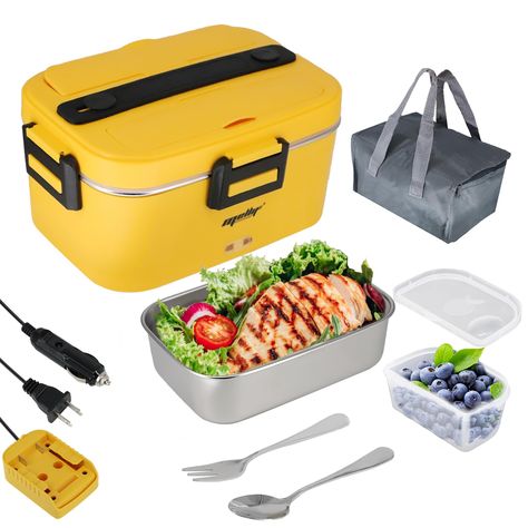 PRICES MAY VARY. 3-in-1 Power Supply: The electric lunch box supports 110v power supply for home / office use, 12v for car use, 24v for truck use, and 20v for DeWalt 20V MAX battery (comes with AC & DC cord & DC battery adapter, battery is NOT included). Enjoy your warm & healthy food anytime anywhere! 75W Fast Heating: Using PTC heating technology and high-temp resistant environmental materials, the lunch pail makes heating safer, more convenient and energy-saving. Plug in and wait for 15~30 mi Portable Microwave, Heated Lunch Box, Student Lunches, Work Lunch Box, Stainless Steel Containers, Lunch Kit, Box Food, Portable Food, Food Warmer