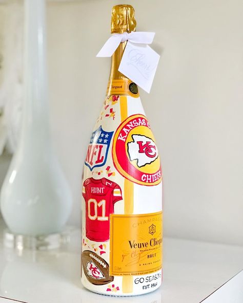 M Calligraphy, Custom Champagne Bottle, Painted Bottle, The Chiefs, Super Bowl Sunday, Painted Wine Bottles, Gifting Ideas, Wine Bottle Decor, Champagne Bottles