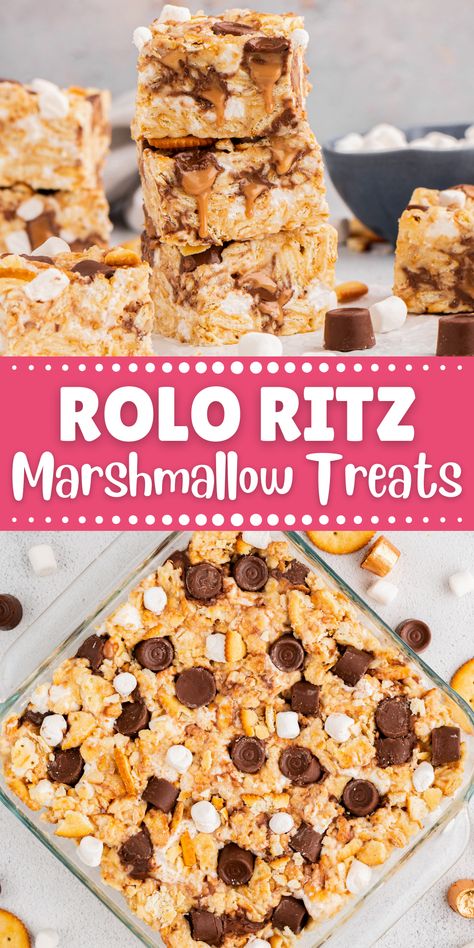 These Rolo Ritz Marshmallow Treats are very buttery with that perfect salty/sweet combo. It's a super easy no-bake dessert recipe that you'll want to make again and again! Rolo Ritz Marshmallow Treats, Ritz Rolo Treats, Ritz Cracker Marshmallow Treats, Crackers Dessert, Marshmallow Treats Recipe, Crispy Treats Recipe, Ritz Cracker Recipes, Homemade Rice Krispies Treats, Marshmallow Desserts