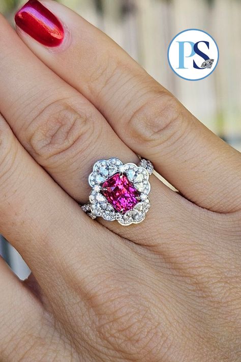 Platinum Mansin Hot Pink Spinel Diamond Ring Formal Pink Brilliant Cut Ruby Ring, Luxury Pink Brilliant Cut Rings, Pink Ruby Ring With Vvs Clarity, Round Cut, Pink Spinel Crystal, Pink Cubic Zirconia Crystal Ring, Fine Jewelry, Pink Spinel, Platinum Diamond Rings, Platinum Ring, Fabulous Jewelry