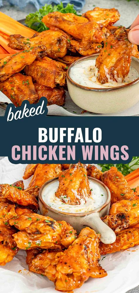 Crispy Baked Buffalo Chicken Wings that are super easy to make! Perfect for game day or any party, no frying required! 🐔🔥 #BuffaloWings #ChickenWings #GameDayEats #EasyRecipes #OvenBakedWings #AppetizerIdeas Game Day Wings Baked, Tailgate Chicken Wings, Oven Baked Chicken Wings Buffalo, Quick Chicken Wing Recipes, Breaded Chicken Wings In The Oven, Buffalo Ranch Wings, Baked Chicken Wings Recipes, Hot Chicken Wings Recipe, Bake Chicken Wings