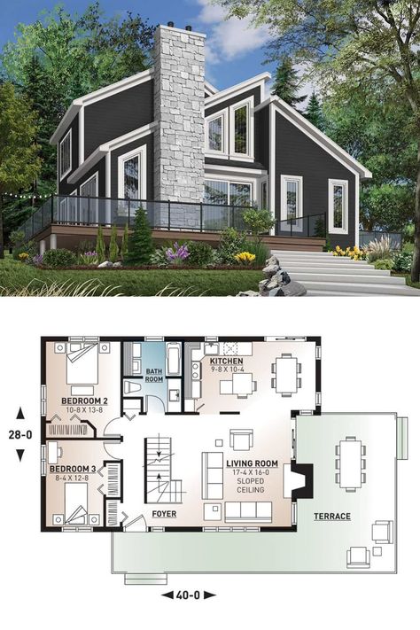 Two Storey Cottage House Plans, Floor Plan Blueprint, 3 Bedroom Home Floor Plans, Cornwall House, 1500 Sq Ft House, Sloping Lot House Plan, 3 Bedroom Floor Plan, Cottage House Plan, Brick Chimney