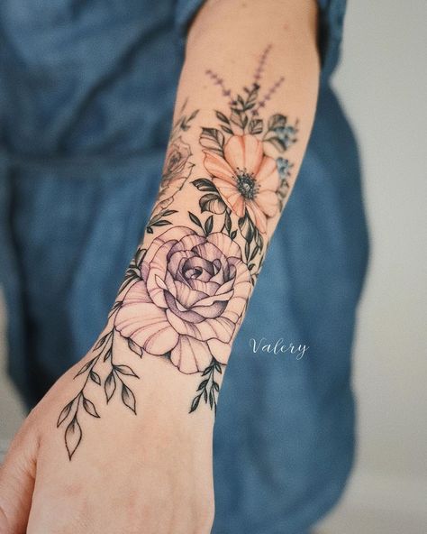 Flower Sleeve Tattoo With Words, Subtle Color Tattoo Sleeve, Muted Tattoo Colors, Half Colored Tattoo, Flower Tattoos Sleeve Color, Lightly Colored Flower Tattoo, Pastel Floral Tattoo, Colored Floral Sleeve Tattoo, Floral Forearm Tattoo Women Color