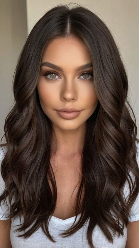 Dark Brown Hair Color Ideas Brown Winter Hair, Dark Brown Long Hair, Dark Brown Hair Color Ideas, Chocolate Highlights, Dark Chocolate Brown Hair, Honey Balayage, Brown Hair With Caramel Highlights, Brown Hair Color Ideas, Dark Brunette Hair