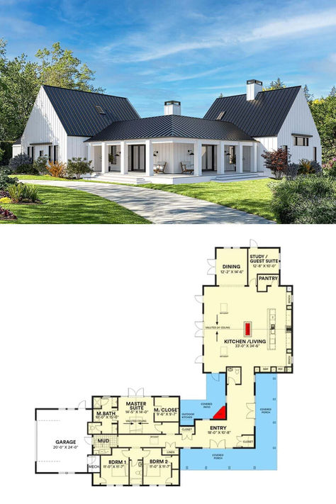 4-Bedroom Luxury Custom L-Shaped Contemporary Home with Wraparound Porch (Floor Plan) L Shaped House Plans, Second Story Addition, Affordable House Plans, Porch House Plans, Barn Style House Plans, House Plans One Story, Building Plans House, Casa Exterior, Family House Plans