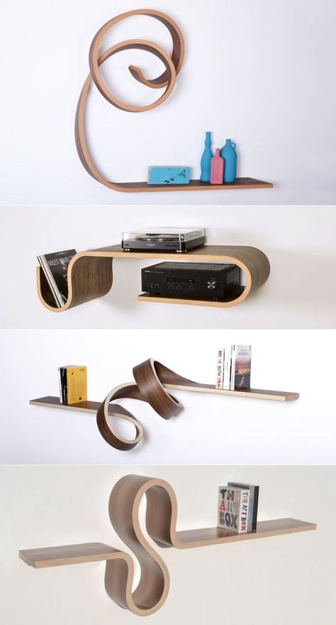 The Canadian cabinetmaker Kino Guerin creates unique shelf designs from bent laminated wood with different wood veneer.   #shelf #modularshelving #shelving Bended Wood Design, Bent Laminated Wood Projects, Unique Shelf Design, Bent Wood Furniture, Curving Wood, Walle Tattoo, Bending Wood, Shelf Designs, Steam Bending Wood