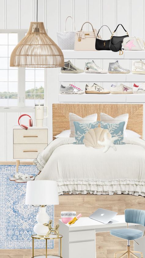 #roominspo #designer Blue Beachy Room, Light Blue Dorm Room, Light Blue Dorm Room Ideas, Light Blue Dorm, Blue Dorm Room Ideas, Blue Dorm Room, Costal Bedroom, Coastal Room Decor, Blue Dorm