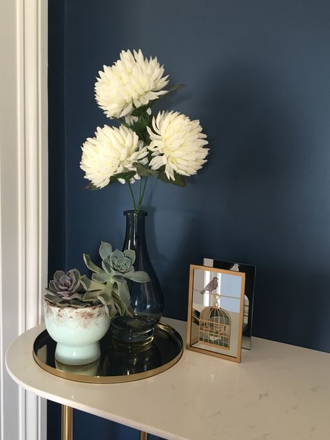 Hicks Blue Little Greene, Victorian Hallways, Little Greene Paint Colours, Navy Lounge, Victorian Hallway, Dark Living Rooms, Modern Farmhouse Bedroom, Living Room Arrangements, Console Table Hallway