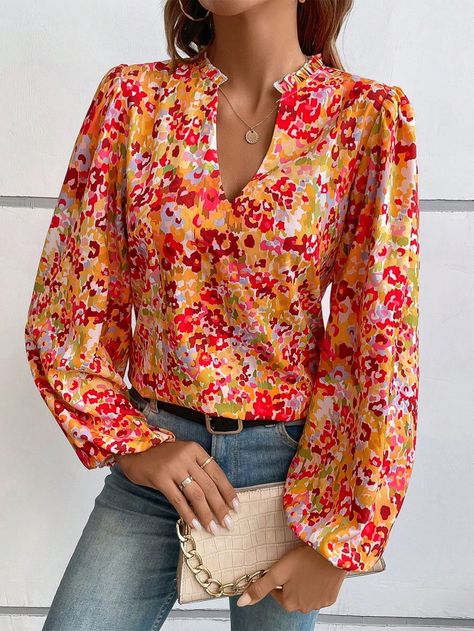 Orange Boho Collar Long Sleeve Woven Fabric Floral,All Over Print Top Embellished Non-Stretch  Women Clothing Balloon Sleeve Blouse, Latest Tops, Pretty Blouses, Bubble Sleeve, The Bubble, Puff Sleeve Blouse, Lingerie Romper, Sheer Fabrics, Basic Style