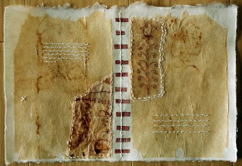 Patti Roberts-Pizzuto Page The Book of Tattered Fragments, teabags, drawings on teabags dippt in beeswax and hand stitched  on Japanese paper Emma Parker, Tea Bag Art, Textile Fiber Art, Handmade Books, Japanese Paper, Art Textile, Stitching Art, Textile Artists, Artist Books