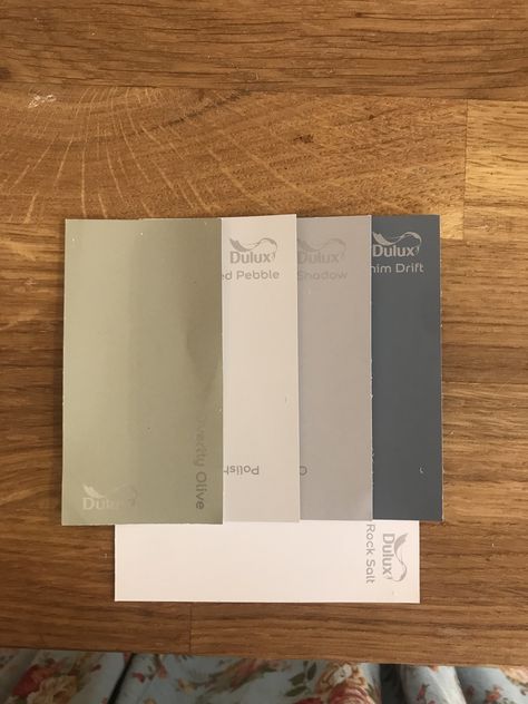 Dulux Colour Palette for flat. overtly olive, polished pebble, chic shadow, white mist, denim drift Chic Shadow Dulux Paint, Overtly Olive, Olive Living Rooms, Chic Shadow, Denim Drift, Hallway Colours, Dulux Paint, Living Room Furnishings, Paint Kitchen