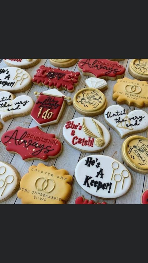 Harry Potter Wedding Cookies, Harry Potter Bachelorette Cookies, Harry Potter Bachelorette Party Cookies, Bachelorette Harry Potter Theme, Save The Date Harry Potter Theme, Harry Potter Sorting Hat Cookies, Harry Potter Table, He's A Keeper, After All This Time Always