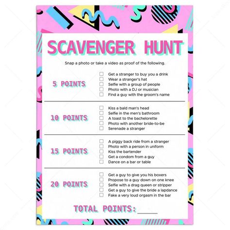 Level up your bachelorette bash with this rad 90s Scavenger Hunt! Get ready for side-splitting laughs, epic photo ops, and memories your crew will cherish forever.  
#BacheloretteParty Party Scavenger Hunt For Adults, Ladies Scavenger Hunt Ideas, Bachelorette Games Scavenger Hunt, Bar Scavenger Hunt Ideas For Adults, Bachelorette Scavenger Hunt Ideas, Bachelorette Game Ideas, Free Bachelorette Party Games, Bachelorette Bucket Lists, Questions For Girls