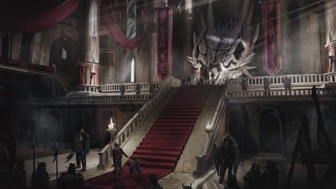 Dragon Throne Room Fantasy Art, Fantasy Throne Room Concept Art, Dark Fantasy Throne Room, Ruined Throne Room, Throne Room Medieval, Vampire Throne Room, Dark Throne Room Fantasy Art, Fantasy Training Room, Fantasy Council Room