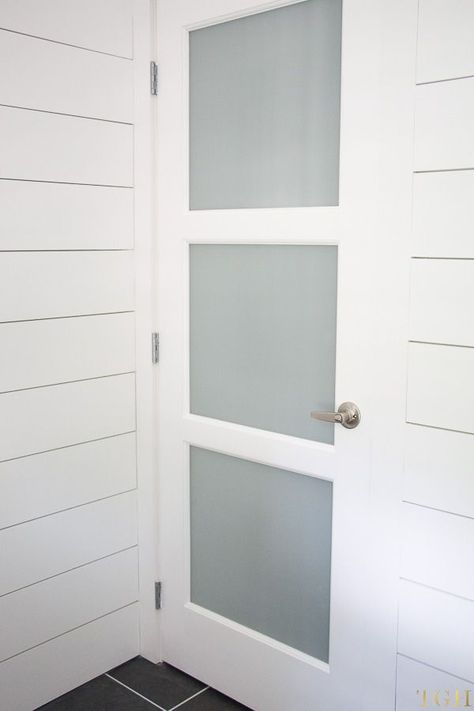 Modern farmhouse bathroom renovation with a three panel frosted glass door Panel Door Makeover, Frosted Glass Shower Door, Bathroom Door Design, Glass Bathroom Door, Exterior Bathroom, Frosted Glass Interior Doors, Doors Interior Modern, Door Glass Design, Master Bath Remodel