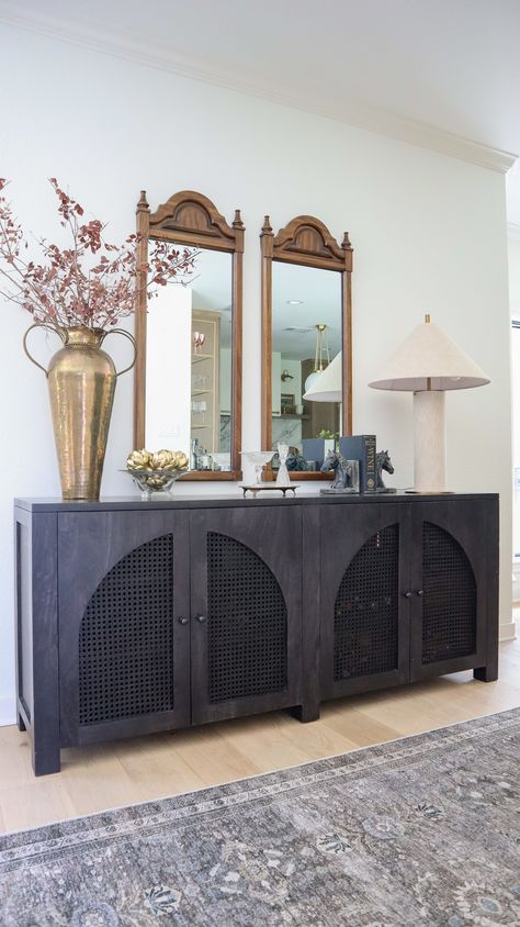 Two Living Room Ideas, Dark Sideboard, Extra Long Sideboard, Sideboard Styling, Modern And Vintage Decor, Cane Sideboard, Credenza Decor, Moody Modern, Sideboard Styles