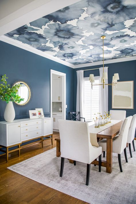 DIPPED interiors Navy Ceiling Dining Room, Wallpaper On Ceiling Dining Room, Kitchen Ceiling Wallpaper, Ceiling Wallpaper Dining Room, Dining Room Wallpaper Ceiling, Wallpaper On Ceiling In Dining Room, Wallpaper Ceiling Dining Room, Blue Wallpaper Dining Room, Dining Room With Wainscotting