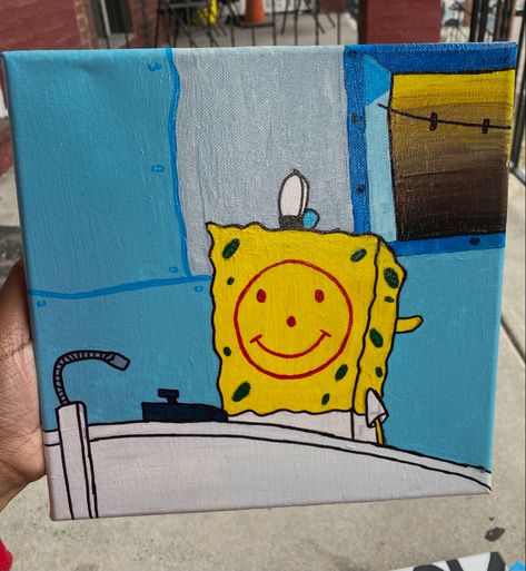 Spongebob Aesthetic Painting, Sponge Bob Canvas Painting, Spongebob Scenes To Paint, Canvas Painting Ideas Spongebob, Sponge Bob Painting Canvas, Cool Cartoon Paintings, Coraline Canvas Painting, Cartoon Characters Paintings, Aesthetic Cartoon Painting Easy