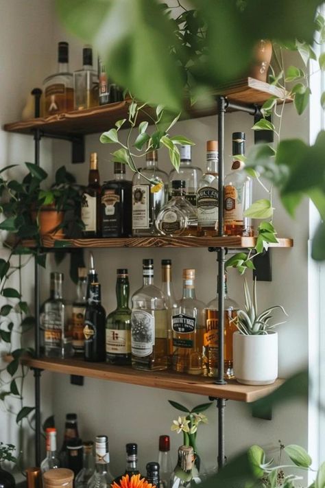 Creative DIY Bar Shelf Ideas for Your Home Shelf For Glasses Bar, Bourbon Display Ideas For Home, Drinks Shelf Ideas, Bourbon Cabinet Ideas, Diy Bar Decor, Alcohol Bar For Home, Wine Shelf Ideas, Liquor Bar Ideas For Home, Apartment Bar Ideas