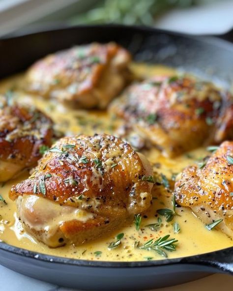 Baked Creamy French Mustard Chicken Thighs French Mustard Chicken, Mustard Chicken Thighs, Casserole Kitchen, French Mustard, Creamy Mustard Sauce, Dijon Chicken, Steamed Green Beans, Greek Flavors, Herb Sauce