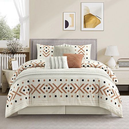 # Pieces In Set: 7Included: 1 12x18 Inch Decorative Pillow(s), 2 Standard Sham(s), 1 Comforter(s), 1 Bed Skirt(s) With 15 Inch Drop, 1 18x18 Inch Decorative Pillow(s), 1 16x16 Inch Decorative Pillow(s)Bed Skirt Drop: 15 InBedding Thread Count: 300Warmth Factor: LightweightBed Size: QueenBedding Measurements: 92 Length/Inches, 90 Width/InchesBedding Fiber Content: 100% PolyesterBedding Filling Content: 100% PolyesterBed Skirt Fiber Content: 100% PolyesterSham Fiber Content: 100% PolyesterDecorati Geometric Bedding, Room Styles, King Comforter Sets, Queen Comforter Sets, Lightweight Comforter, Queen Comforter, Comforter Set, California King, Bed Comforters