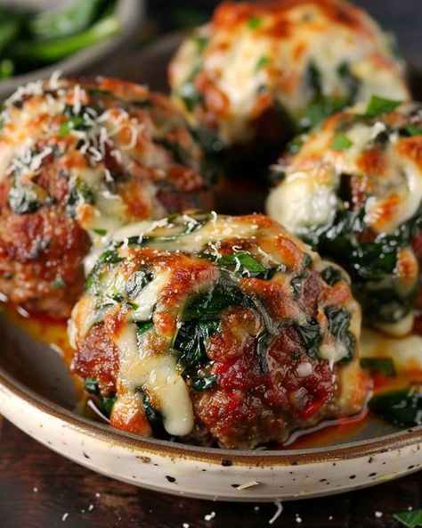 Cooking Taste | Spinach Garlic Meatballs Stuffed with Mozzarella | Facebook Spinach Garlic Meatballs, Spinach Garlic Meatballs Stuffed With Mozzarella, Meatballs Stuffed With Mozzarella, Garlic Meatballs, Mozzarella Stuffed Meatballs, Parmesan Meatballs, Cooking Stuff, Bolognese Sauce, Fresh Spinach