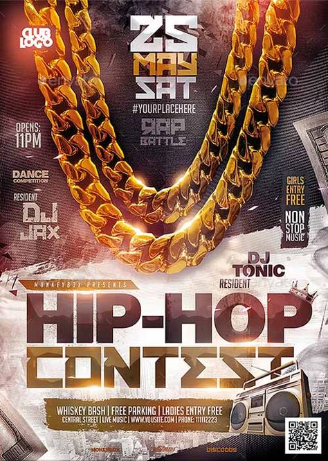 Hip-Hop Contest Flyer Template - http://ffflyer.com/hip-hop-contest-flyer-template/ Enjoy downloading the Hip-Hop Contest Flyer Template by MonkeyBOX!  #Battle, #Beats, #Club, #Contest, #Dj, #HipHop, #Party, #Rap Rap Battle Poster Design, Hip Hop Flyer, Hiphop Poster, Luc Belaire, Dj Flyer, Hiphop Party, Hip Hop Poster, Concert Flyer, Music Flyer