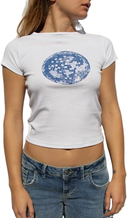 Women's Short Sleeve Y2K Baby Tees E-Girls Cute Graphic Print Crop Tops Slim Fit T Shirts Retro Vintage Aesthetic disco ball Party Queen, Slim Fit Crop Top, Baby Graphic Tees, Y2k Baby Tee, Baby Tees, Aesthetic Shirts, Print Crop Tops, Tees For Women, Baby Tee