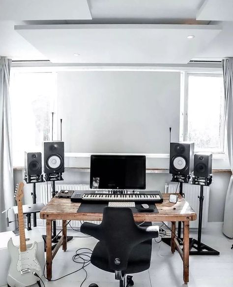 MusicMakrz on Instagram: “Clean ..📸 @madsbramstoft⁠ ⁠Follow us for more . . . . . #musicmakrz #producergrind #producerlife #producerbelike #beatmakers…” Guitar Collection Room, Small Music Studio Ideas, Music Studio Ideas, Small Music Studio, Music Room Rules, Vintage Music Room, Hifi Room, Music Room Art, Music Room Wall