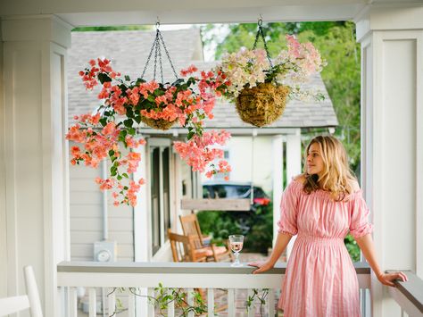 Hanging Bougainvillea, Moss Hanging Baskets, Hanging Baskets Porch, White Gazebo, Stone Porches, Arch Trellis, Hamptons Style Home, Starting A Vegetable Garden, Hanging Flower Baskets