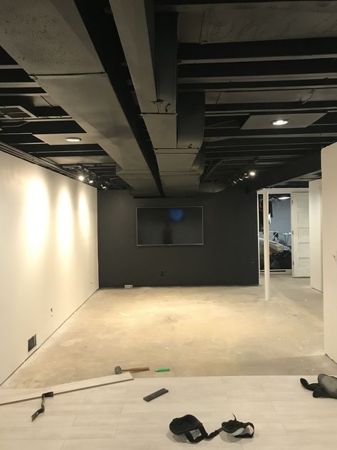 Black Basement Ceiling, Unfinished Basement Ceiling, Exposed Basement Ceiling, Basement Ceiling Painted, Cheap Basement Remodel, Industrial Basement, Open Basement, Exposed Ceilings, Basement Lighting