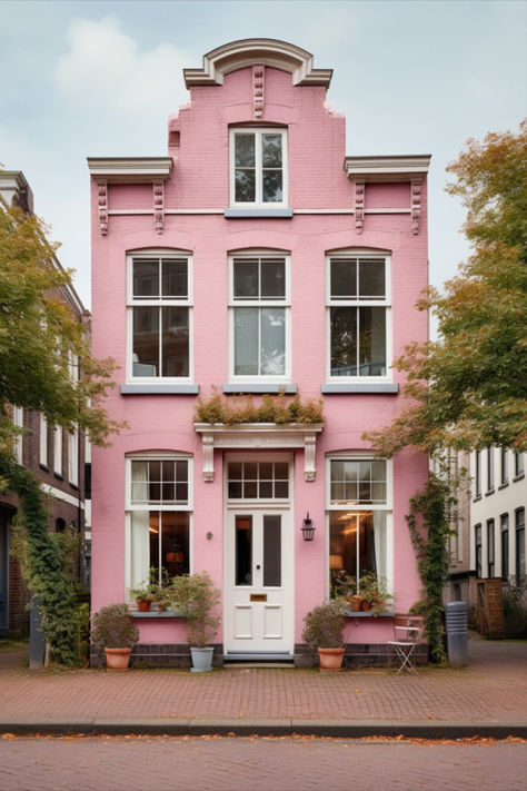 Pink House Outside, Colorful Home Exterior, House Illustrations, Classic Apartment, Home Styles Exterior, Black Houses, Colorful Buildings, Independent House, Urban Sketch